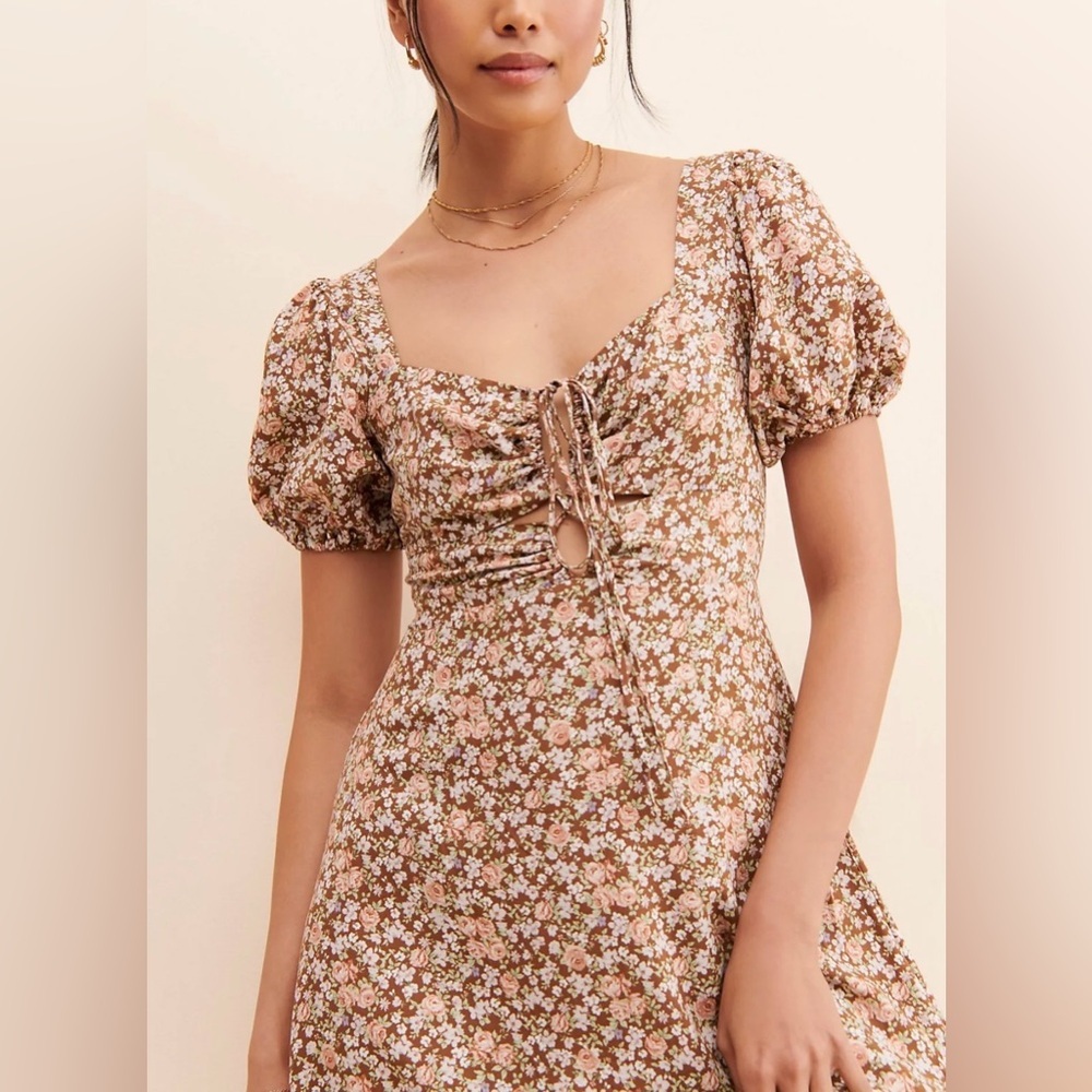 ASTR Anthropologie Lace Up Puff Sleeve Modi Dress Floral Brown Size Small